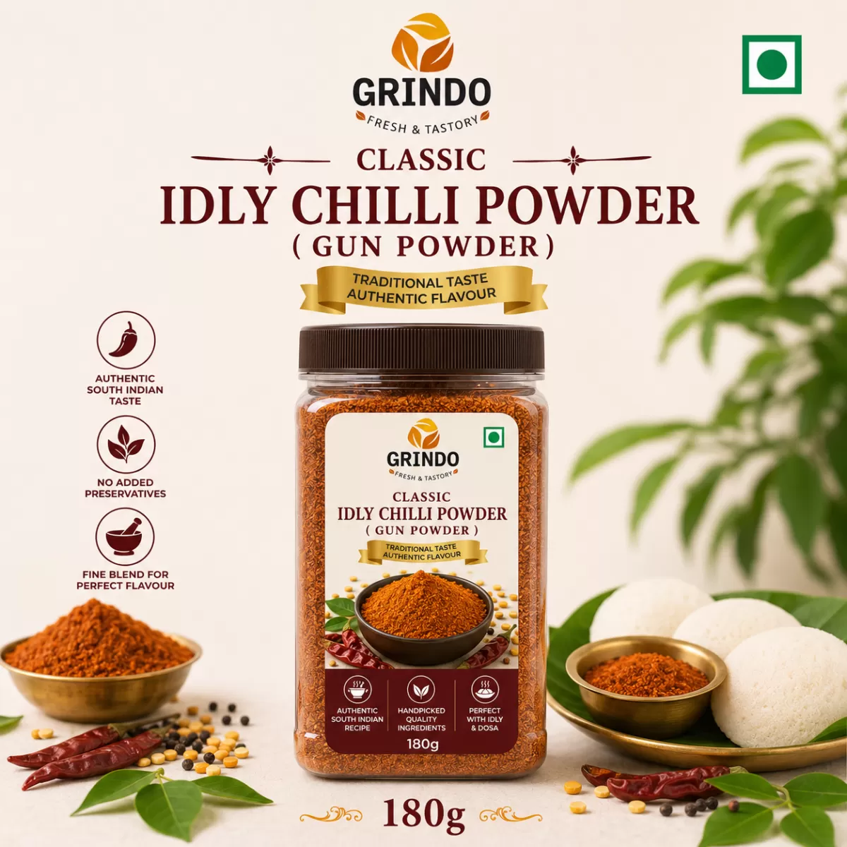 Grindo Classic Idly Chilli Powder (Gun Powder) - 180g