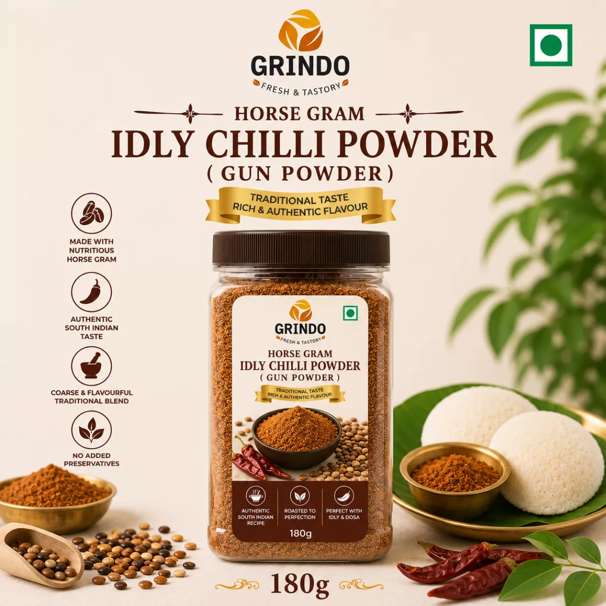 Grindo Horse Gram Idly Chilli Powder (Gun Powder) - 180g